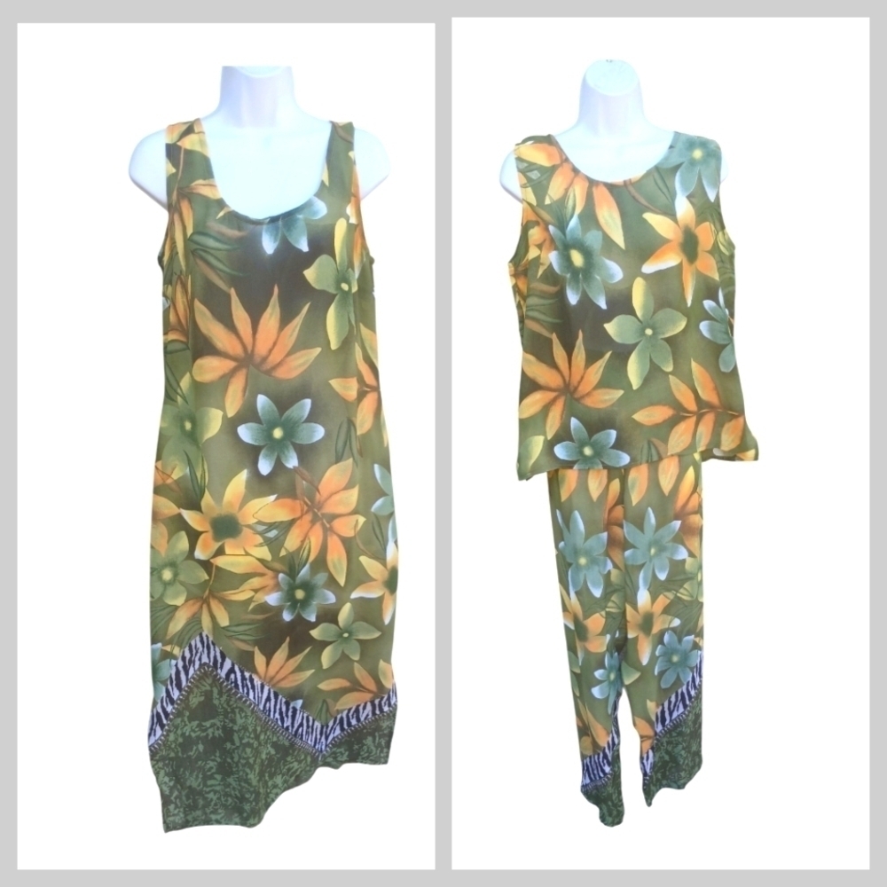 Vintage Floral Sheer 3 Piece Lightweight Dress Shirt & Pants Green Yellow M/L